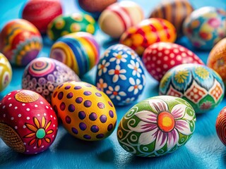 Obraz premium Colorful Handmade Easter Eggs in Cartoon Doodle Style - Macro Photography of Perfectly Crafted Candies Isolated on Blue Background for Spring Celebrations and Festive Decor