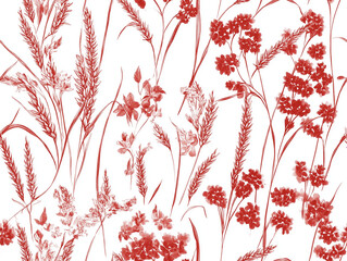 Motif répétitif (seamless pattern) floral avec fleurs des champs au milieu du blé, inspiration champêtre et cottagecore, pour impression textile ou papier, motif de Jouy antique rouge bordeaux