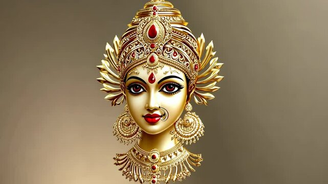 A detailed illustration of Durga, a Hindu goddess, with intricate jewelry and a crown
