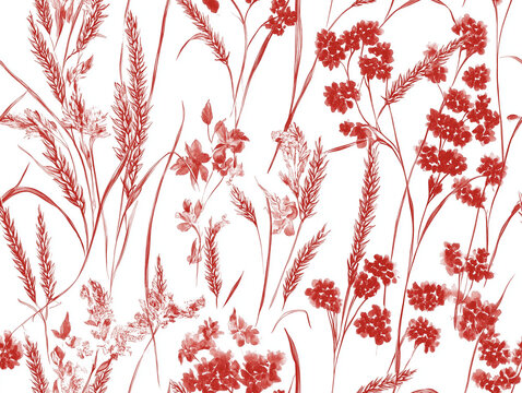 Motif r&eacute;p&eacute;titif (seamless pattern) floral avec fleurs des champs au milieu du bl&eacute;, inspiration champ&ecirc;tre et cottagecore, pour impression textile ou papier, motif de Jouy antique rouge bordeaux