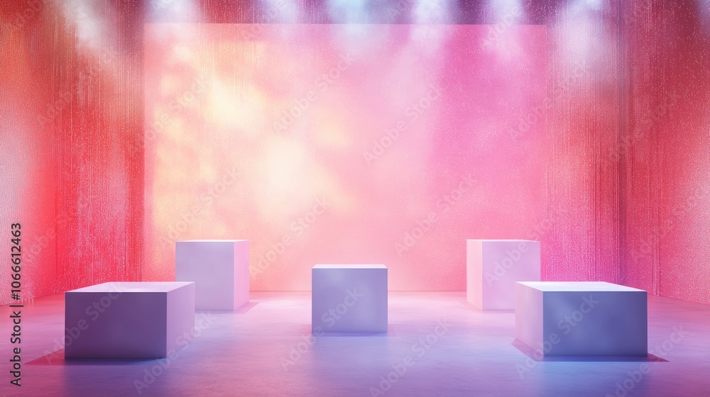 Poster surreal abstraction featuring an empty stage with white square podiums set against a holographic pas