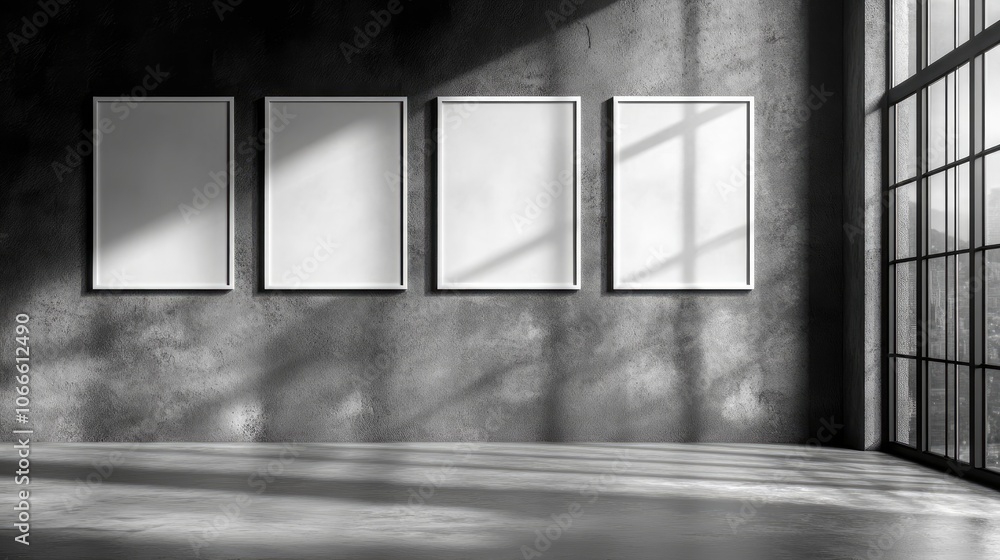 Poster three empty white poster frames displayed on a clean wall in a studio room ideal for use as a pictur