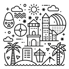 Set of outline icons related to beach. Linear icon collection