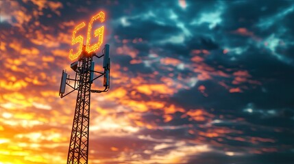 Naklejka premium 5G communication tower against a vibrant sunset sky.