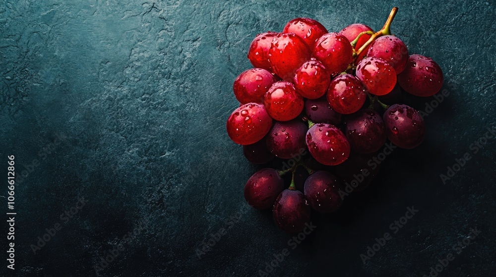 Poster Top view of a cluster of red grapes on a dark surface