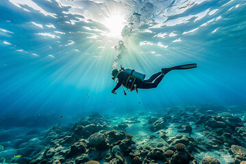 Beautiful diver goes on an underwater adventure in frighteningly deep sea