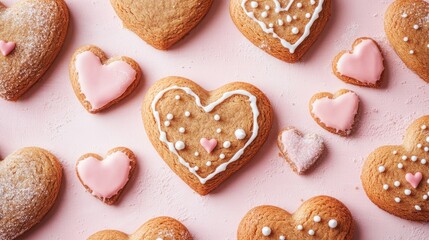 Valentine themed cookies on a pink backdrop with empty space Heart shaped gingerbread treats with sugar glaze perfect for celebrations and special occasions