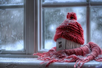 A single red knitted hat sits atop a window sill, ready for its owner to pick up