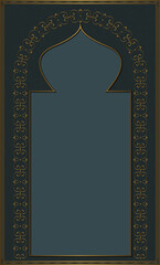 Muslim prayer rug, Islamic decor door examples. Ramadan feast greeting card.