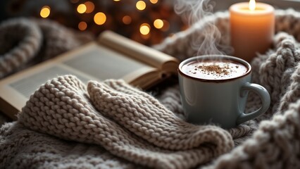 A cozy scene with hot cocoa, knitted gloves, a scarf and a book by candlelight in winter