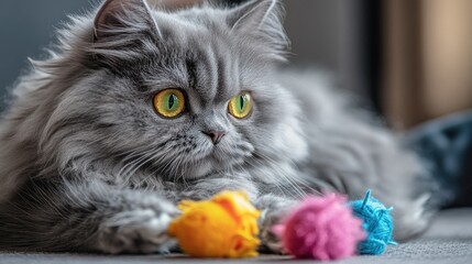 A gray cat rests on the floor with a toy nearby, ready for play