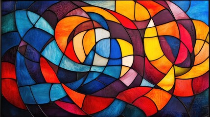 Fototapeta premium Vibrant stained glass window featuring a mosaic of intertwining elements in bold shades of red blue yellow orange and purple set against a dark backdrop