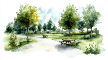 Obraz premium A serene park scene with greenery, trees, and picnic tables, inviting relaxation and outdoor activities in a natural setting.