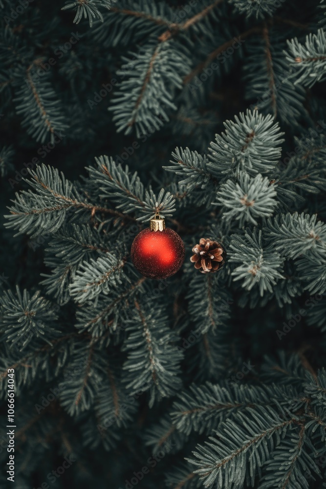 Poster a bright red ornament hangs from the branches of a tall pine tree, adding a pop of color to the wint