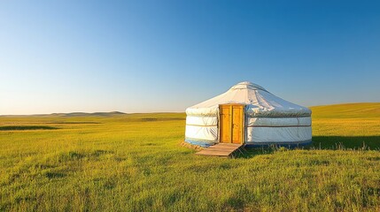 Traditional nomadic yurt situated in expansive grasslands beneath a clear blue sky