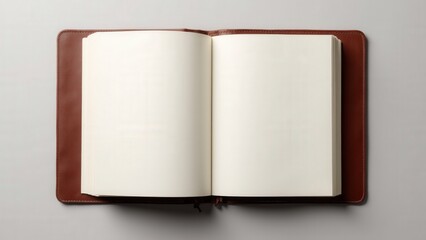 Clean leather document folder open with blank pages and detailed stitching, ideal for corporate designs