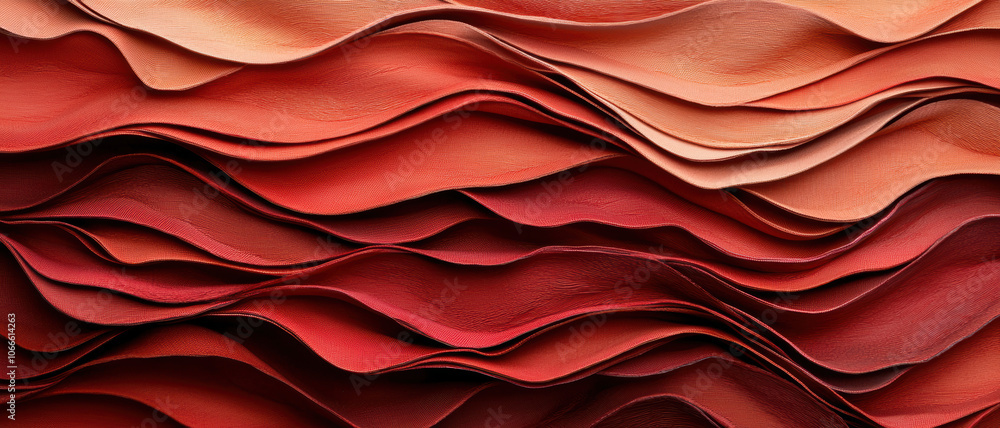 Poster a close-up view of layered red and orange leather textures, showcasing soft waves and an intricate d