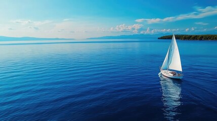 Sailing boat on calm blue water under a bright sky, serene travel adventure.