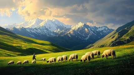 Scenic mountain landscape with sheep grazing in a lush green meadow.