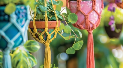 Handwoven macrame plant hangers add a bohemian touch to the market with trailing greenery and colorful pots hanging from their knots.
