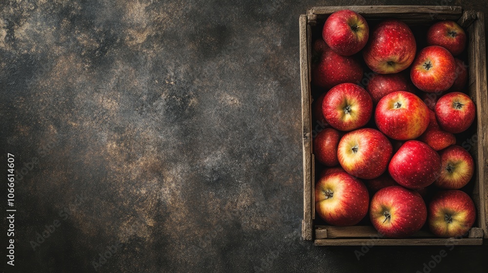 Poster top view of ripe red apples in a wooden box on a rustic table generous space available for your text