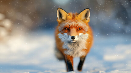 Obraz premium Vibrant Red Fox in Motion Across a Snow-Covered Wilderness