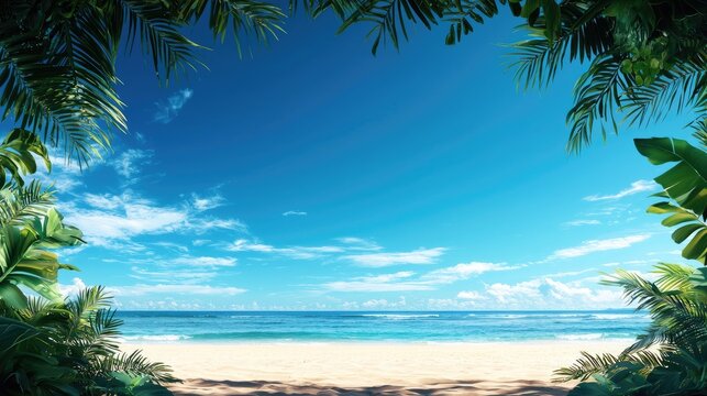 Tropical beach view framed by lush green leaves and a clear blue sky.