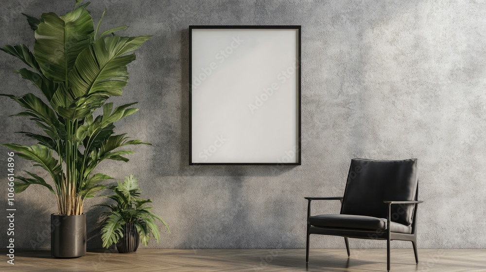 Poster vertical empty large frame for wall art mockup in a modern boho setting featuring a minimalist chair