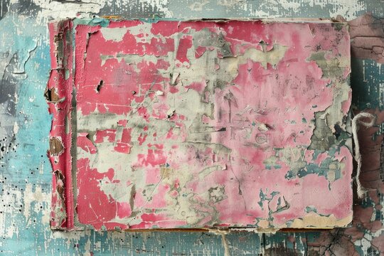 A vintage book with worn cover and peeling paint, great for history or nostalgia themed projects