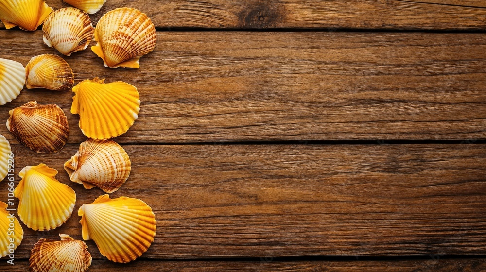 Poster summer seashell arrangement featuring yellow scallops on a wooden table ideal for adding text in the
