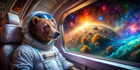 Cosmic Journey: Spacefaring Bear in a Shuttle Exploring the Universe, Stellar Adventure, Galactic Travel, Cute Animal Astronaut, Imagination, Sci-Fi, Dreamy Space Scene, Space Exploration