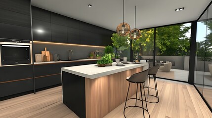 Modern Kitchen with Island, Bar Stools, and Patio View