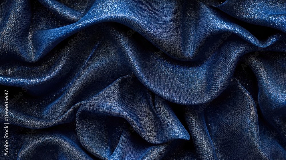 Poster textured dark blue fabric featuring folds and holographic elements creating an abstract geometric ba
