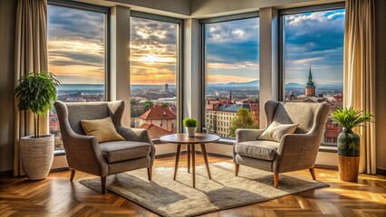Fototapeta premium Cozy Armchairs by a Window Overlooking Zagreb, Croatia - Serene Interior Scene with Natural Light and Urban Views