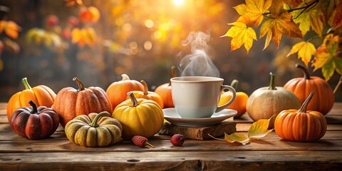 Cozy Autumn Scene with Pumpkins, White Cup on Rustic Wood, Fall Decor, Warm Atmosphere, Seasonal Vibes, Home Decor Inspiration, Harvest Time, Autumn Colors, Pumpkin Decor, Comforting Mood