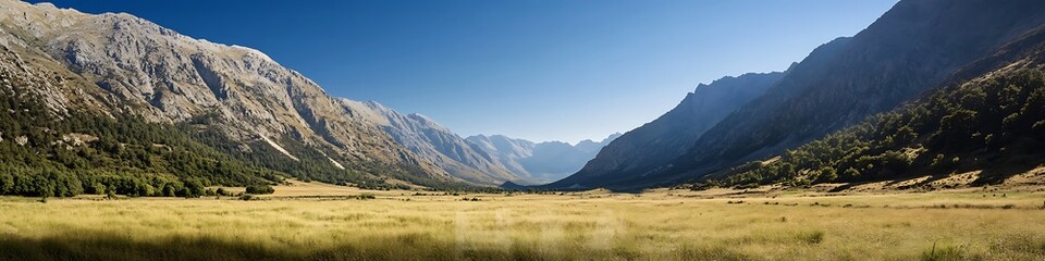 Obraz premium A peaceful valley surrounded by mountains under a clear sky symbolizing shared strength and harmony