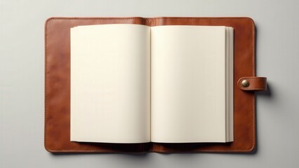 Minimalist portfolio folder open with blank pages, showcasing brown leather texture and stitching