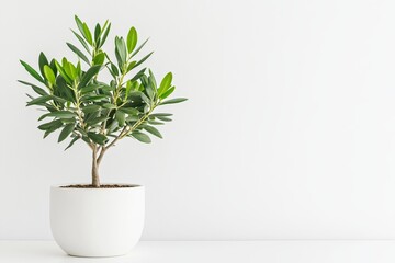 Fototapeta premium Potted Olive Tree in Minimalist White Pot, A small olive tree with vibrant green leaves in a sleek white pot against a plain white background, perfect for modern, minimalist decor themes.
