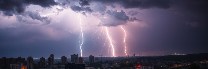 A lightning strike illuminates the dark sky over a city at night