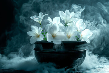 Incense burning in an incense burner clay bowl with a white flowers. Spiritual practices, meditation.