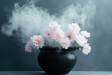 Incense burning in an incense burner clay bowl with pink flowers.