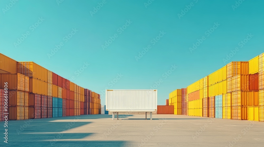 Poster a single white shipping container stands out from a row of colorful shipping containers.