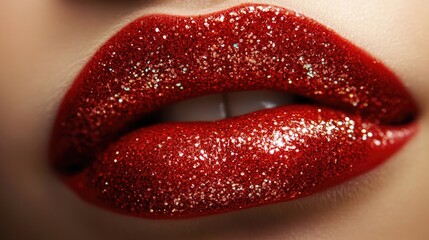A close-up shot of a woman's lips featuring red glitter, ideal for use in beauty or fashion promotions