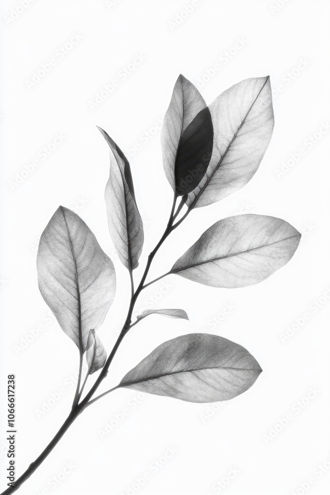 Poster a close-up view of a tree branch with green leaves in a monochrome image