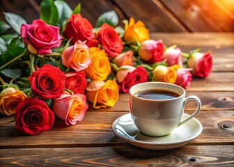 Cozy Morning Scene with Coffee and Roses - A Beautiful Still Life of a Cup of Coffee on a Table Surrounded by Elegant Roses, Perfect for Relaxation and Serenity in Home Decor