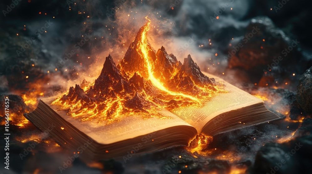 Aufkleber a fiery mountain erupts from an open book, creating a surreal and powerful scene.