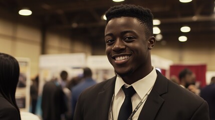 Job seekers actively engaging with recruiters at a bustling career fair, showcasing determination and eagerness in their pursuit of professional opportunities.