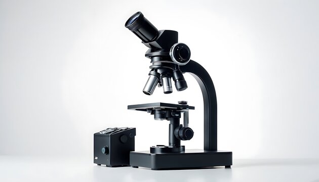 Microscope on a sleek white background with subtle shadows,Modern microscope on light background, closeup view,123