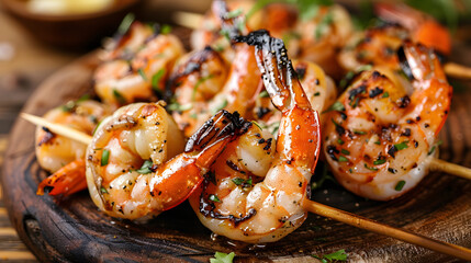 Grilled food, Close-up of juicy grilled shrimp skewers with garlic