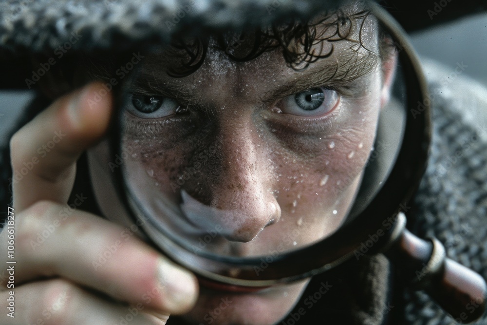 Aufkleber a person closely examines an object or text using a magnifying glass, possibly for investigative or 